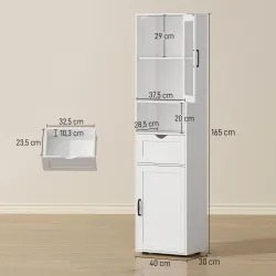 Columna de Baño Estrecha con Puerta de Vidrio Estantes Ajustables Cajón Estante Abierto 40x30x165 cm Blanco - Ogal.Es