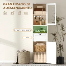 Columna de Baño Estrecha con Puerta de Vidrio Estantes Ajustables Cajón Estante Abierto 40x30x165 cm Blanco - Ogal.Es