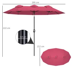 Sombrilla Doble de Jardín 295x152x222 cm con Inclinación de 45° y Manivela Manual para Terraza Balcón Piscina Rojo - Ogal.Es