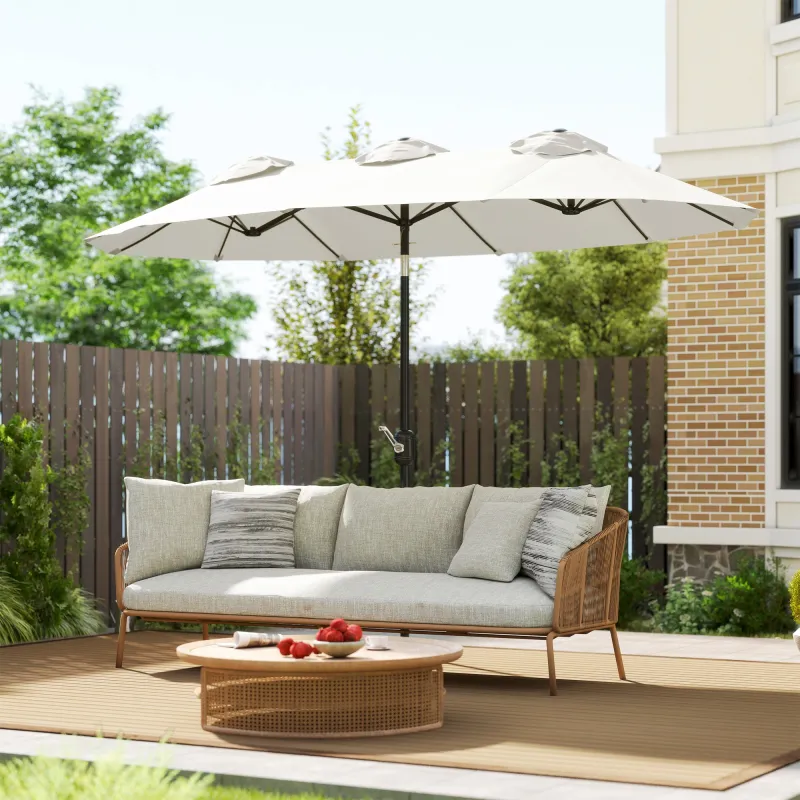 Sombrilla Doble de Jardín 295x152x222 cm con Inclinación de 45° y Manivela Manual para Terraza Balcón Piscina Crema - Ogal.Es