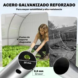 Invernadero de Túnel 6x3x2 m con Puerta con Bisagras 12 Ventanas de Malla y Estructura de Acero Galvanizado Blanco - Ogal.Es