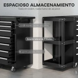 Carro de Herramientas con 7 Cajones Estantería de 3 Niveles Desmontable Sistema de Cierre Central Asa Negro - Ogal.Es