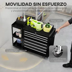 Carro de Herramientas con 7 Cajones Estantería de 3 Niveles Desmontable Sistema de Cierre Central Asa Negro - Ogal.Es