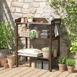 Mesa de Jardinería de Madera con Superficie Metálica Estantes y Ganchos para Jardín Terraza 76x37x89 cm Carbonizado - Ogal.Es