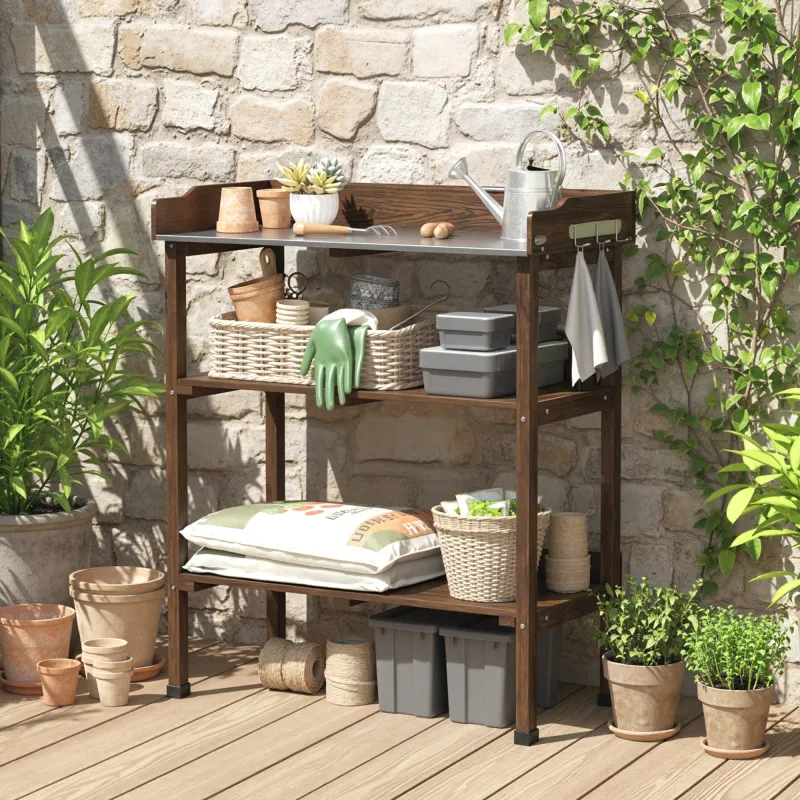 Mesa de Jardinería de Madera con Superficie Metálica Estantes y Ganchos para Jardín Terraza 76x37x89 cm Carbonizado - Ogal.Es