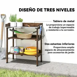 Mesa de Jardinería de Madera con Superficie Metálica Estantes y Ganchos para Jardín Terraza 76x37x89 cm Carbonizado - Ogal.Es