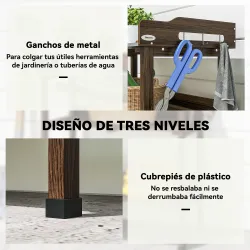 Mesa de Jardinería de Madera con Superficie Metálica Estantes y Ganchos para Jardín Terraza 76x37x89 cm Carbonizado - Ogal.Es