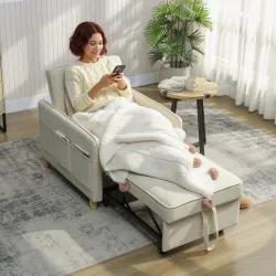 Sillón Cama Individual 3 en 1 Sofá Cama Plegable con Respaldo Ajustable y Cojín para Salón 74x85,5x82 cm Beige - Ogal.Es