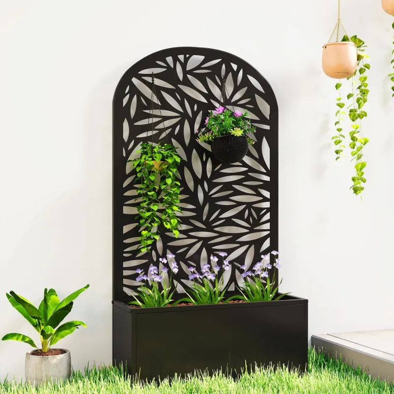 Jardinera con Pantalla de Privacidad Curva de Hojas de Metal y Opción de Montaje en Pared 61x23x113 cm Negro - Ogal.Es
