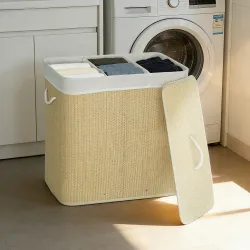 Cesto de Ropa Sucia de Bambú con 3 Compartimentos Asas para Facilitar el Uso y Bolsas Desmontables Lavables 60x4... - Ogal.Es