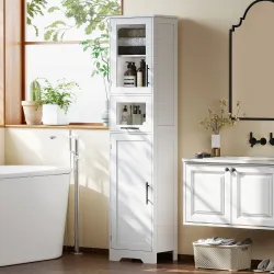 Columna de Baño con Puerta de Vidrio Estantes Ajustables Cajón para Espacios Pequeños 40x31x170 cm Blanco - Ogal.Es