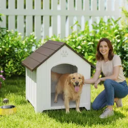 Caseta para Perros Exterior Casa para Perros Grandes de Plástico con 2 Ventanas Base Elevada Estacas Marrón Oscuro - Ogal.Es