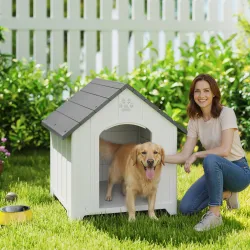 Caseta para Perros Exterior Casa para Perros Grandes de Plástico con 2 Ventanas Base Elevada Estacas Gris - Ogal.Es