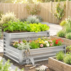 Jardinera Exterior de Acero Galvanizado con Diseño de Escalera Base Abierta para Cultivos Plantas 120x101x58 cm ... - Ogal.Es