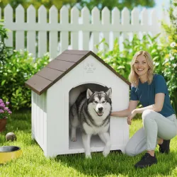 Caseta para Perros Exterior Casa para Perros Extragrandes de Plástico con 2 Ventanas Base Elevada Estacas Marrón... - Ogal.Es