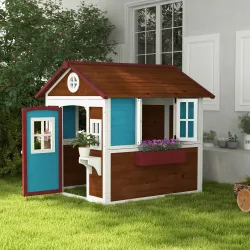 Casita de Madera Infantil con Puerta Ventanas Jardineras y Repisas con Detalles de Color 114x126,4x135 cm Marrón... - Ogal.Es