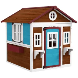 Casita de Madera Infantil con Puerta Ventanas Jardineras y Repisas con Detalles de Color 114x126,4x135 cm Marrón... - Ogal.Es
