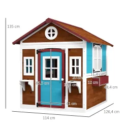 Casita de Madera Infantil con Puerta Ventanas Jardineras y Repisas con Detalles de Color 114x126,4x135 cm Marrón... - Ogal.Es