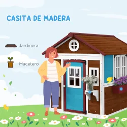 Casita de Madera Infantil con Puerta Ventanas Jardineras y Repisas con Detalles de Color 114x126,4x135 cm Marrón... - Ogal.Es
