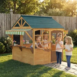 Casita de Juegos Infantil de Madera con Ventanas Pizarras Tejado y Toldo 173x117x144 cm Madera Natural - Ogal.Es