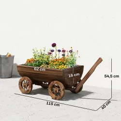 Carrito de Madera con 4 Ruedas y Mango Jardinera Exterior con Orificio de Drenaje 115x40x54,5 cm Carbonizado - Ogal.Es