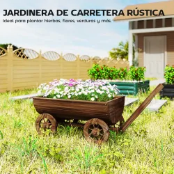 Carrito de Madera con 4 Ruedas y Mango Jardinera Exterior con Orificio de Drenaje 115x40x54,5 cm Carbonizado - Ogal.Es