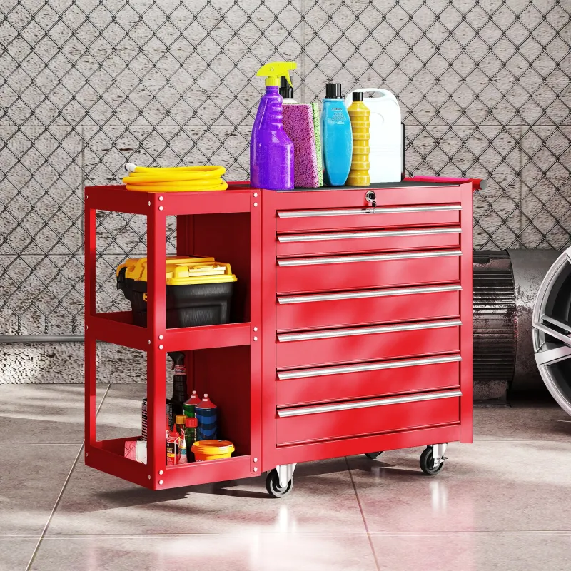 Carro de Herramientas con 7 Cajones Estantería de 3 Niveles Desmontable Sistema de Cierre Central Asa Rojo - Ogal.Es