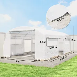 Invernadero de Túnel 6x3x2 m con 3 Puertas Enrollables 4 Ventanas de Malla y Estructura de Acero Galvanizado Blanco - Ogal.Es