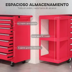 Carro de Herramientas con 7 Cajones Estantería de 3 Niveles Desmontable Sistema de Cierre Central Asa Rojo - Ogal.Es