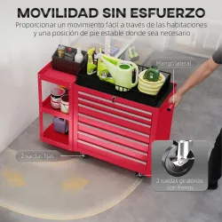 Carro de Herramientas con 7 Cajones Estantería de 3 Niveles Desmontable Sistema de Cierre Central Asa Rojo - Ogal.Es
