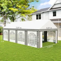 Carpa para Fiesta 4x8 m Carpa de Jardín con Paredes Extraíbles Puertas y Ventanas Anti-UV para Boda Camping Gris - Ogal.Es