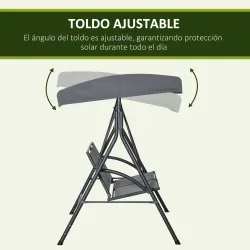 Columpio de Jardín Exterior de 2 Plazas Techo Ajustable y Marco de Acero Asientos Textilene 140x118x162 cm Gris ... - Ogal.Es