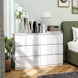 Cómoda Dormitorio con 6 Cajones Cajonera para Salón Oficina Estilo Moderno 112x34x75 cm Blanco Brillo - Ogal.Es