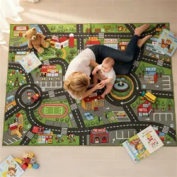 Alfombra Infantil Carretera de Ciudad 200x150 cm Alfombra Educativa Antideslizante para Gateo y Jugar con Coches - Ogal.Es