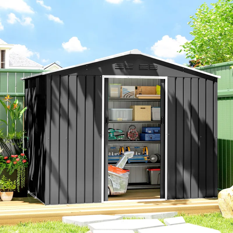 Cobertizo de Jardín Exterior 3,6 m² 236x171x191 cm con Puertas Correderas y Ranuras de Ventilación Gris Oscuro - Ogal.Es