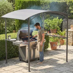 Cenador para Barbacoa de 2,4 x 1,5 m Cenador de Pérgola Exterior con 2 Estantes Laterales y Ganchos Gris Oscuro - Ogal.Es