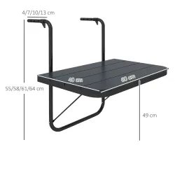 Mesa Colgante para Balcón Plegable de Aluminio con Altura Ajustable en 4 Niveles Carga 25 kg 60x40x55-64 cm Negro - Ogal.Es
