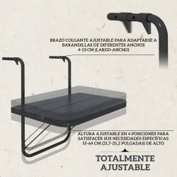 Mesa Colgante para Balcón Plegable de Aluminio con Altura Ajustable en 4 Niveles Carga 25 kg 60x40x55-64 cm Negro - Ogal.Es