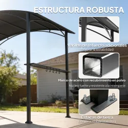 Cenador para Barbacoa de 2,4 x 1,5 m Cenador de Pérgola Exterior con 2 Estantes Laterales y Ganchos Gris Oscuro - Ogal.Es