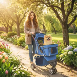 Carrito para Perros Pequeños con Cesta de Almacenaje Ventanas de Malla y Cinturón de Seguridad 77x44x102 cm Azul - Ogal.Es