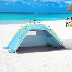Carpa de Playa Pop-up para 1-2 Personas con 2 Accesos y 2 Ventanas y Bolsa de Transporte 220x173x120 cm Azul Claro - Ogal.Es