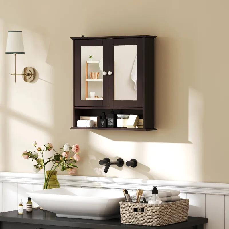 Armario de Baño con Espejo Armario de Pared con 2 Puertas Estante Abierto Estante Ajustable 56x13x58cm Marrón Os... - Ogal.Es
