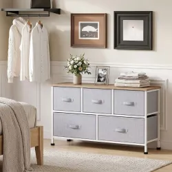 Cómoda con 5 Cajones de Tela Cómoda para Dormitorio Marco Metálico 100x30x54 cm Gris - Ogal.Es