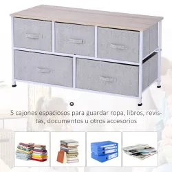Cómoda con 5 Cajones de Tela Cómoda para Dormitorio Marco Metálico 100x30x54 cm Gris - Ogal.Es