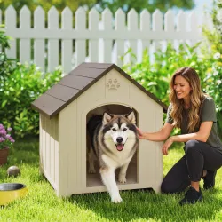 Caseta para Perros Exterior Casa para Perros Extragrandes de Plástico con 2 Ventanas Base Elevada Estacas Beige - Ogal.Es