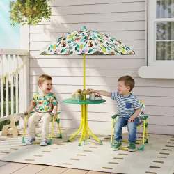 Conjunto de Mesa y Sillas Infantil de Jardín de 4 Piezas Sillas Plegables Sombrilla Desmontable Diseño de Jungla... - Ogal.Es