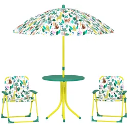 Conjunto de Mesa y Sillas Infantil de Jardín de 4 Piezas Sillas Plegables Sombrilla Desmontable Diseño de Jungla... - Ogal.Es