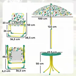 Conjunto de Mesa y Sillas Infantil de Jardín de 4 Piezas Sillas Plegables Sombrilla Desmontable Diseño de Jungla... - Ogal.Es