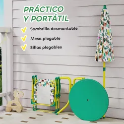 Conjunto de Mesa y Sillas Infantil de Jardín de 4 Piezas Sillas Plegables Sombrilla Desmontable Diseño de Jungla... - Ogal.Es