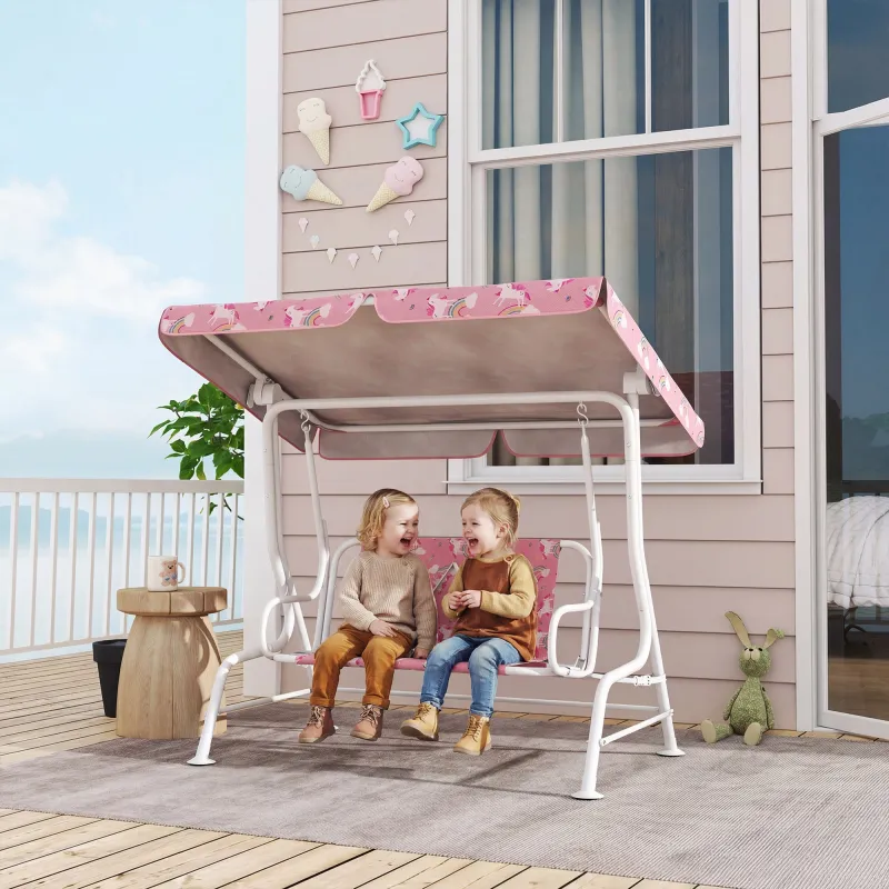 Columpio Jardín Exterior para niños 2 Plazas Toldo Ajustable Cinturones de Seguridad Diseño de Unicornio Arcoíri... - Ogal.Es